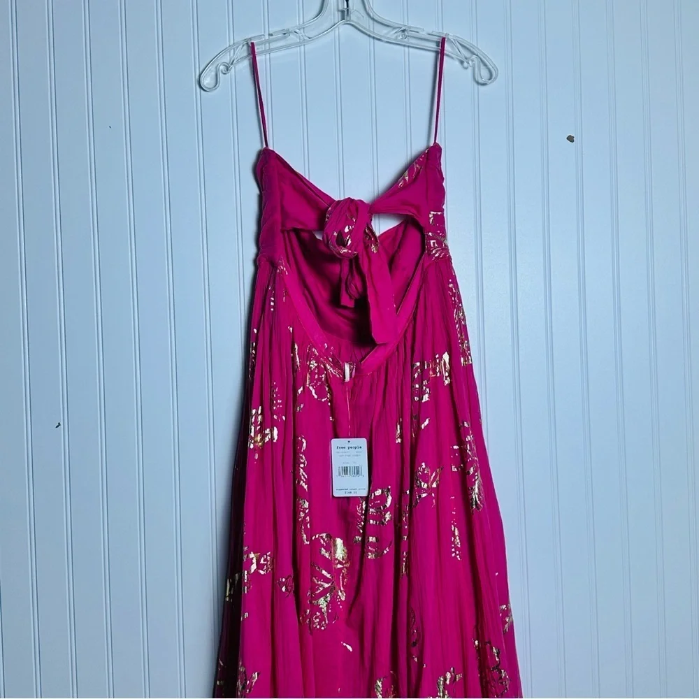 Free People Baja Babe Midi Dress Hot Pink Combo Metallic Gold XL Floral Cotton - Picture 10 of 14